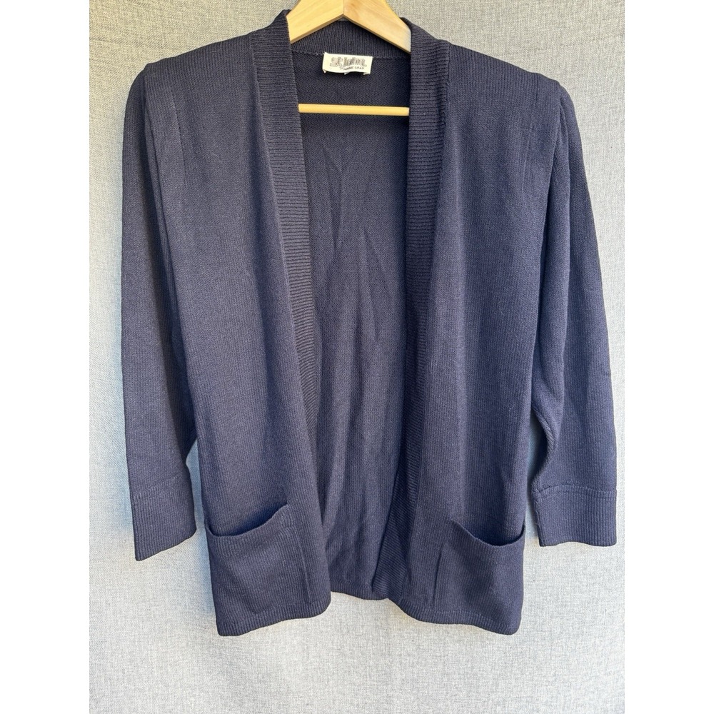 VTG St John Santana Knit Open Cardigan‎ Sz 8 Luxury Designer Capsule Navy Blue